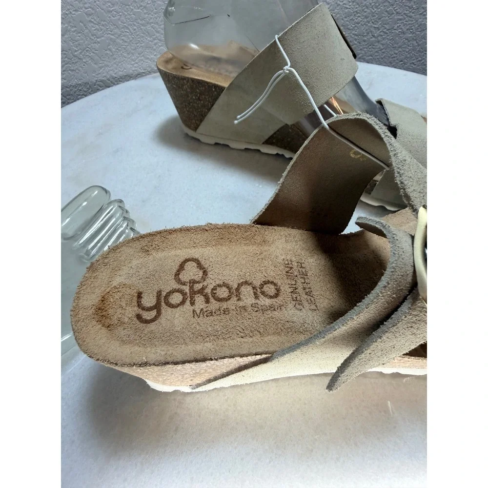 Yokono Womens Beige Suede Leather Cork Wedge‎ Buckle Slide Sandals Size 9 Spain